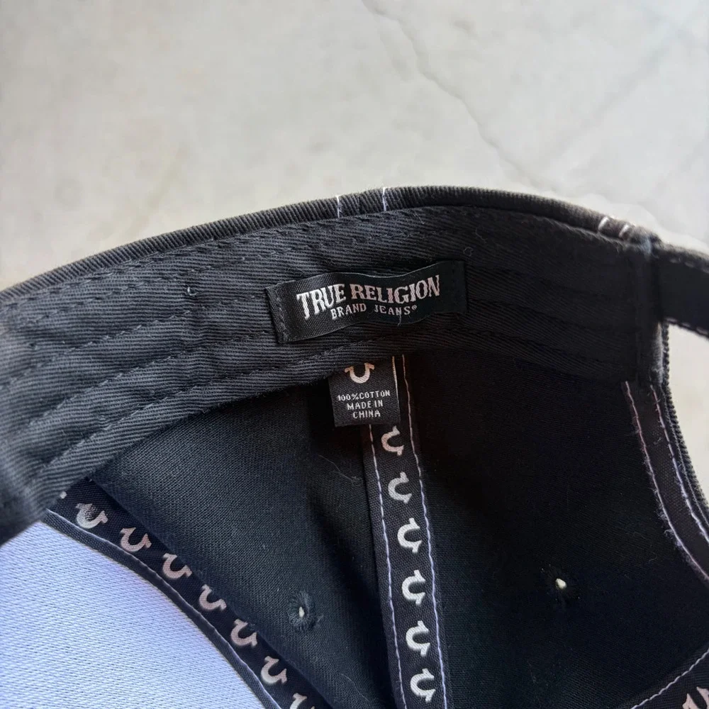 True Religion Black Buddha Logo Baseball Cap Contrast Stitch Strapback Hat